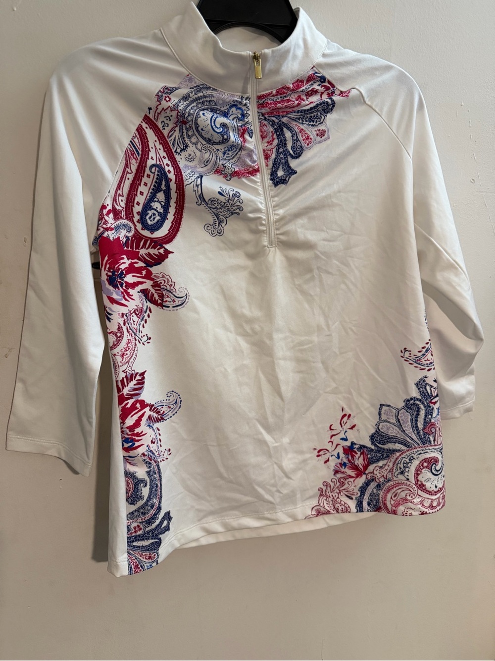 Chico's White Quarter-Zip Top with 3/4 length sleeves Red & Blue Paisley S